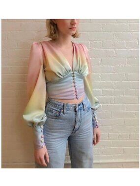 Lirika Matoshi Blouse Womens Large Multicolor Cropped Balloon Sleeve Button Top